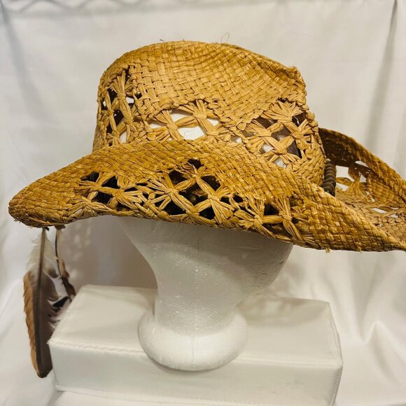 Peter Grimm Straw Cowboy Hat-Brown Beaded/Feathers-Country-Bohemian-Women's - Picture 2 of 16